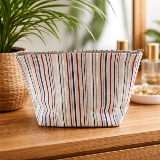 Handmade Fabric Washbag | Natural Fine Stripes White &amp; Blue Design | Free UK Shipping
