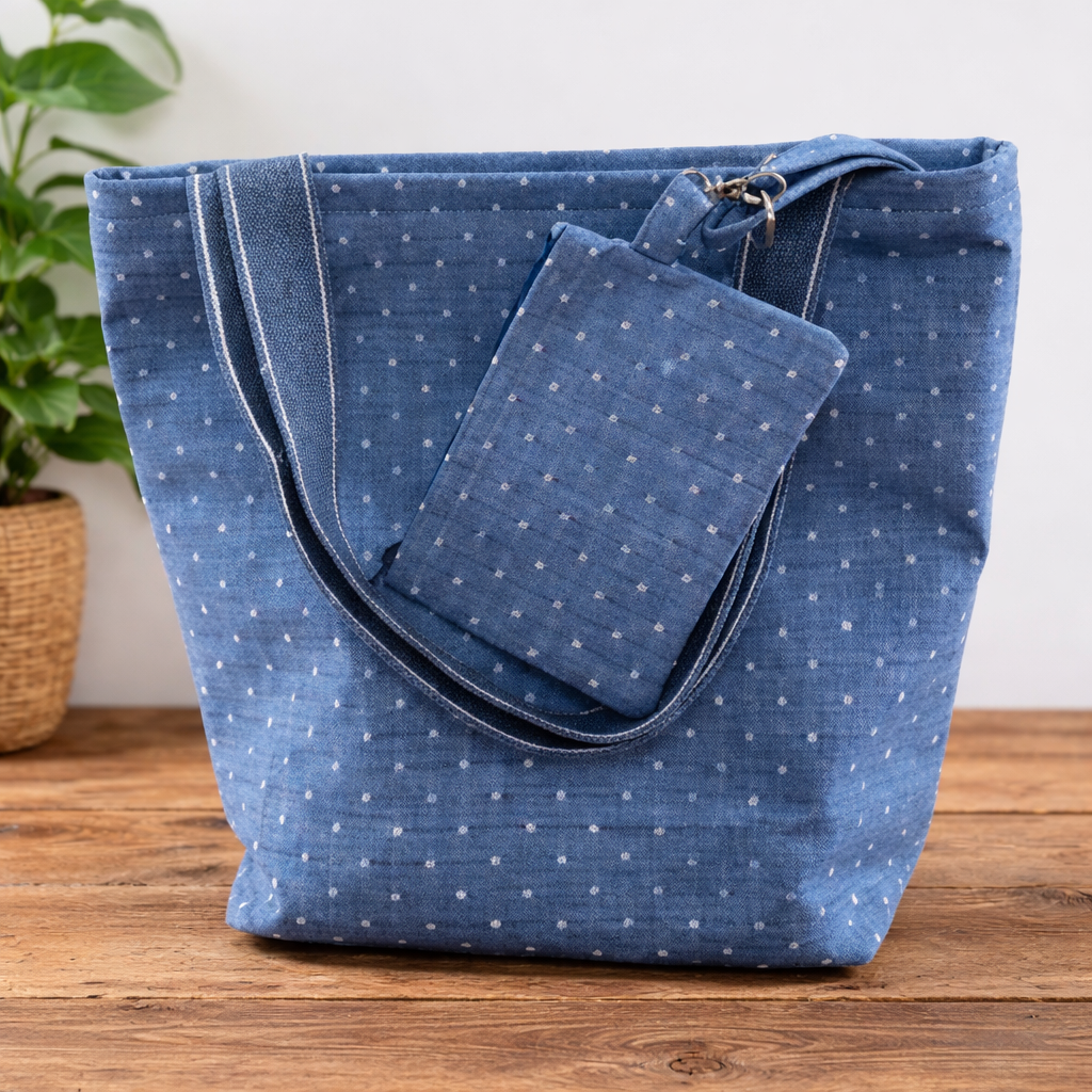 Blue and White spot organic  Handmade Tote Bag  | Free UK Shipping