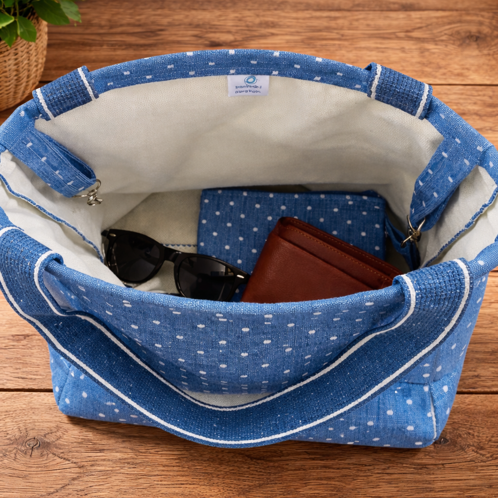 Blue and White spot organic  Handmade Tote Bag  | Free UK Shipping