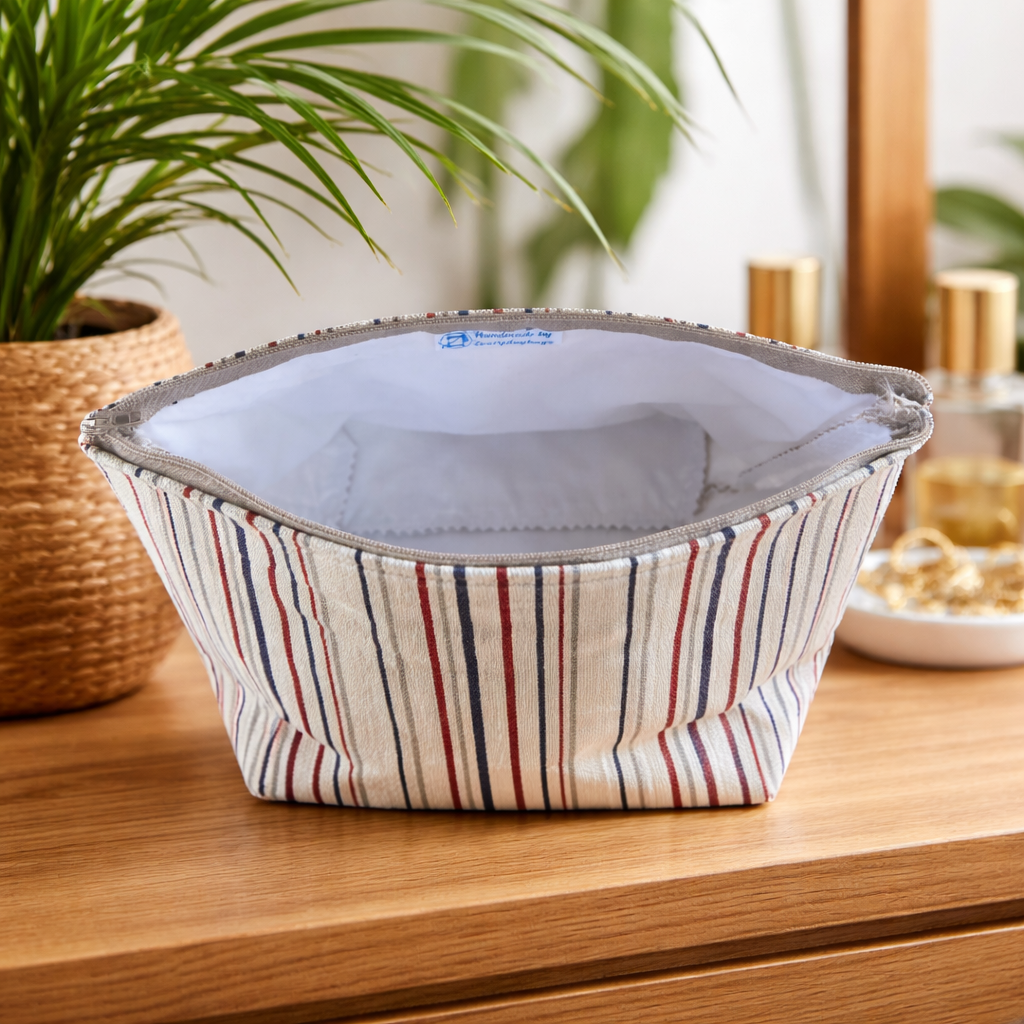 Handmade Fabric Washbag | Natural Fine Stripes White &amp; Blue Design | Free UK Shipping