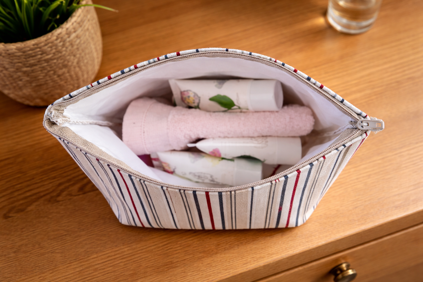 Handmade Fabric Washbag | Natural Fine Stripes White &amp; Blue Design | Free UK Shipping