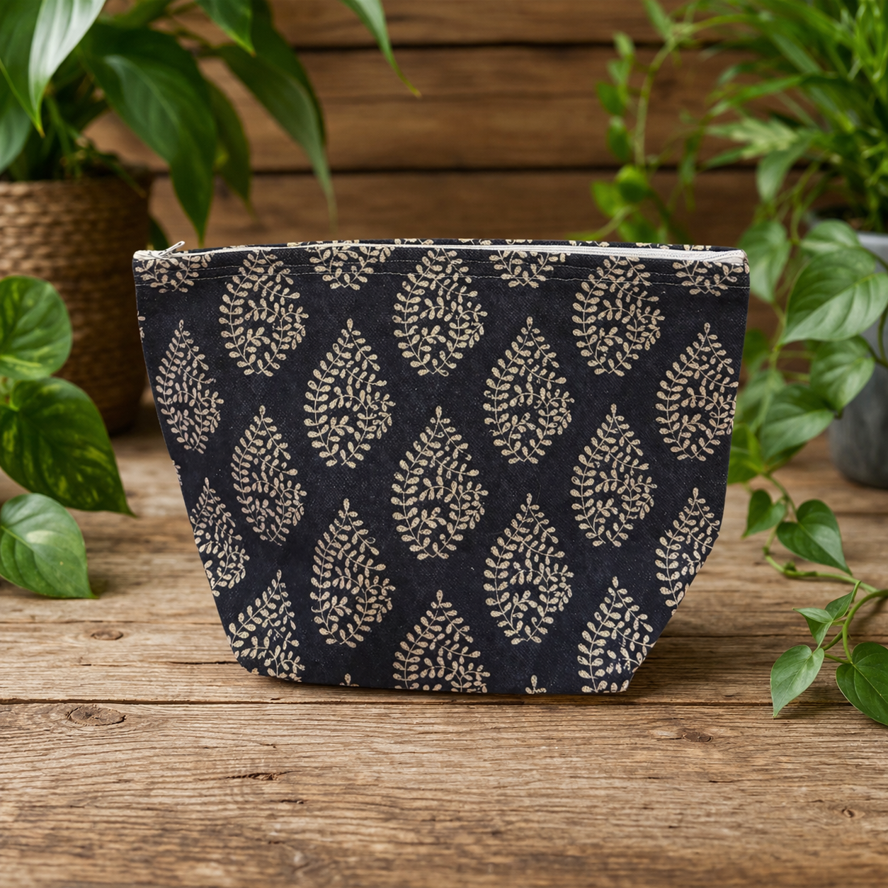 Handmade Fabric Washbag | Indigo Bagru Navy & White leaf Design | Free UK Shipping