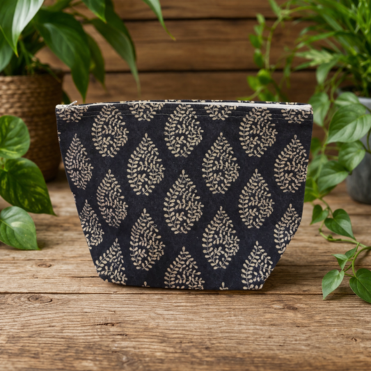 Handmade Fabric Washbag | Indigo Bagru Navy & White leaf Design | Free UK Shipping
