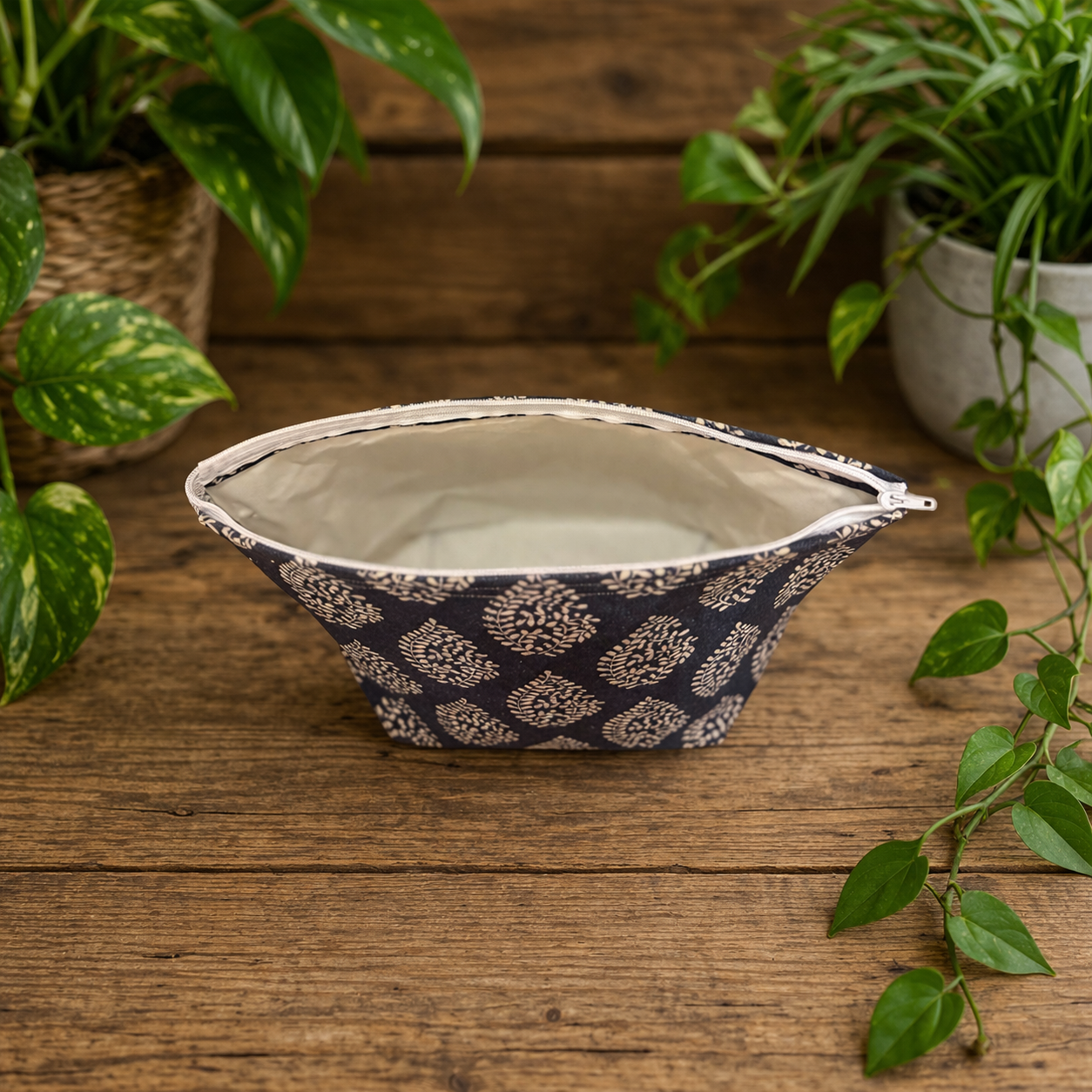 Handmade Fabric Washbag | Indigo Bagru Navy & White leaf Design | Free UK Shipping