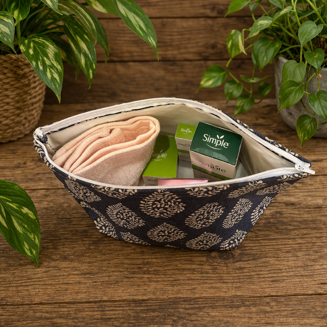 Handmade Fabric Washbag | Indigo Bagru Navy & White leaf Design | Free UK Shipping