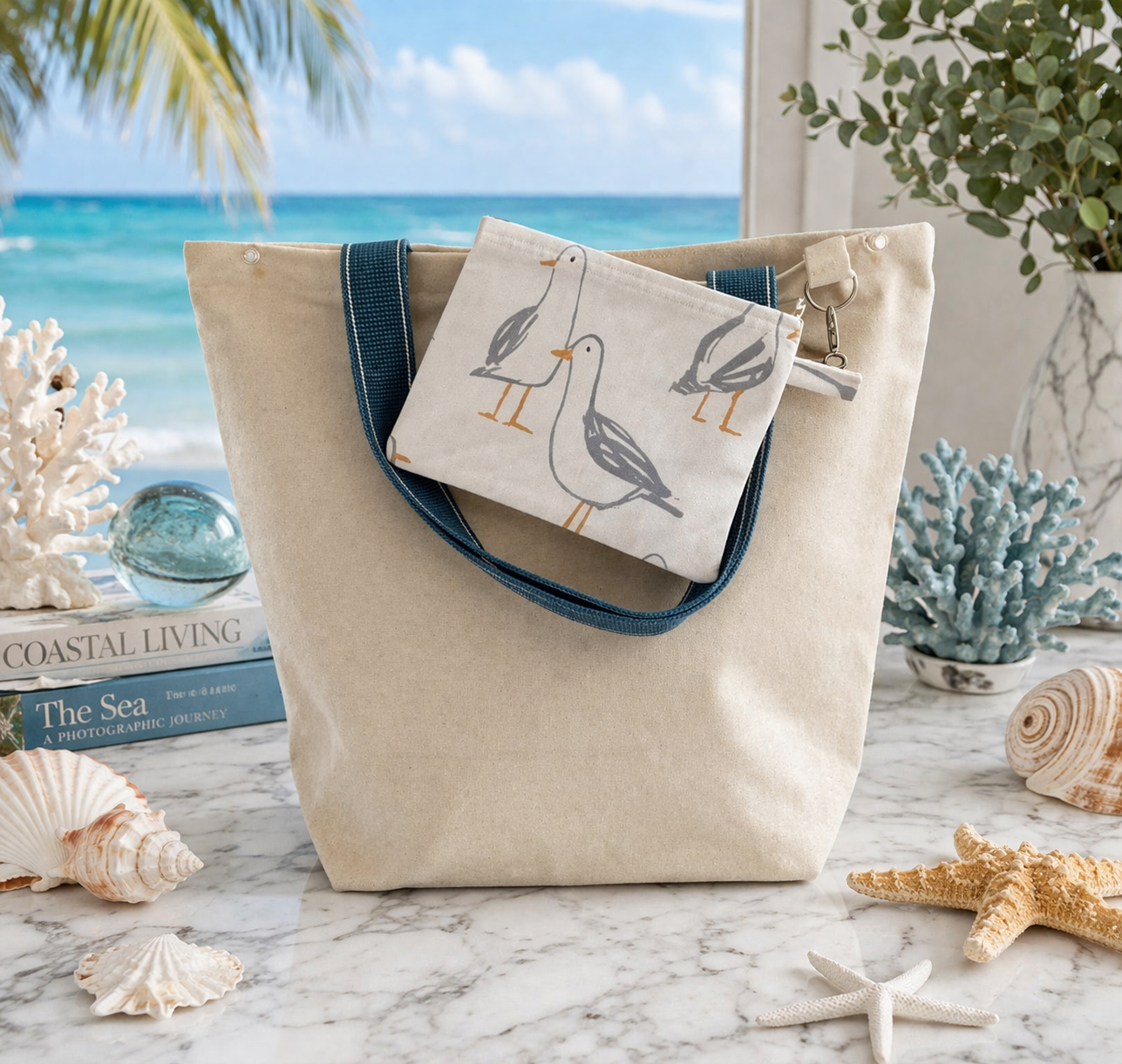 Handmade Natural 100% Organic Tote Bag & Sea Gull Purse set 