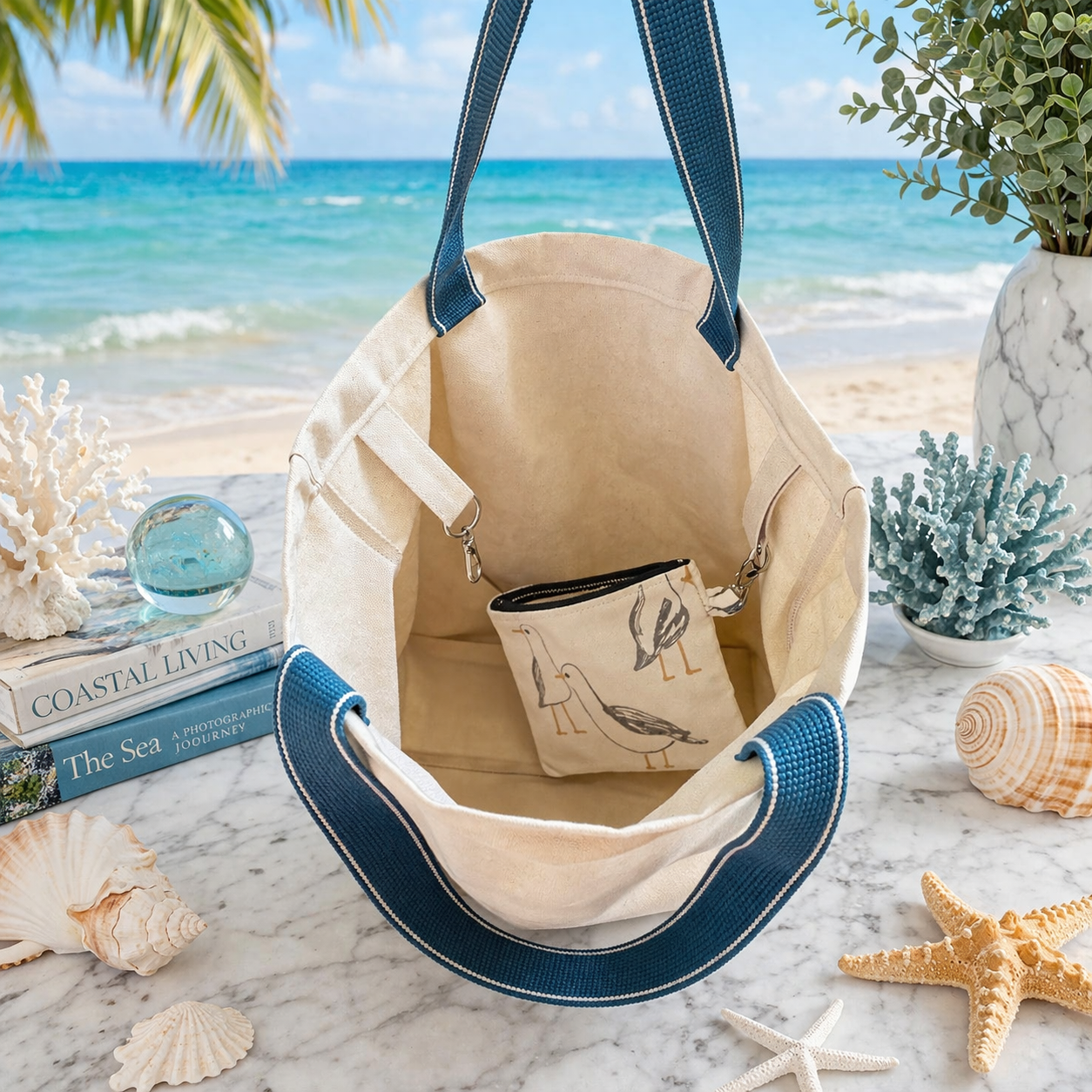 Handmade Natural 100% Organic Tote Bag & Sea Gull Purse set 