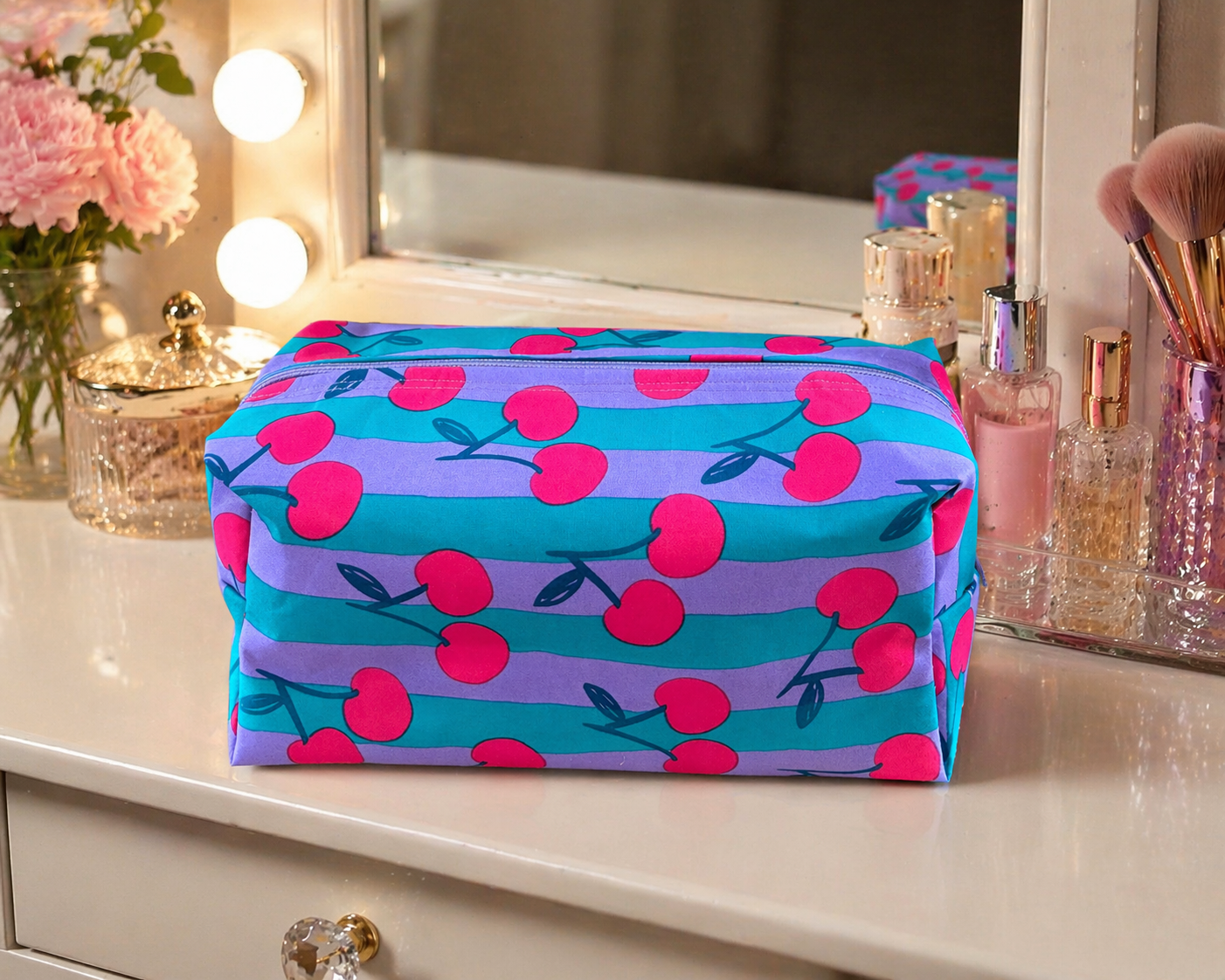 Handmade Turquoise Cherry Boxy   Wash Bag     