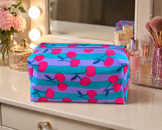 Handmade Turquoise Cherry Boxy   Wash Bag     