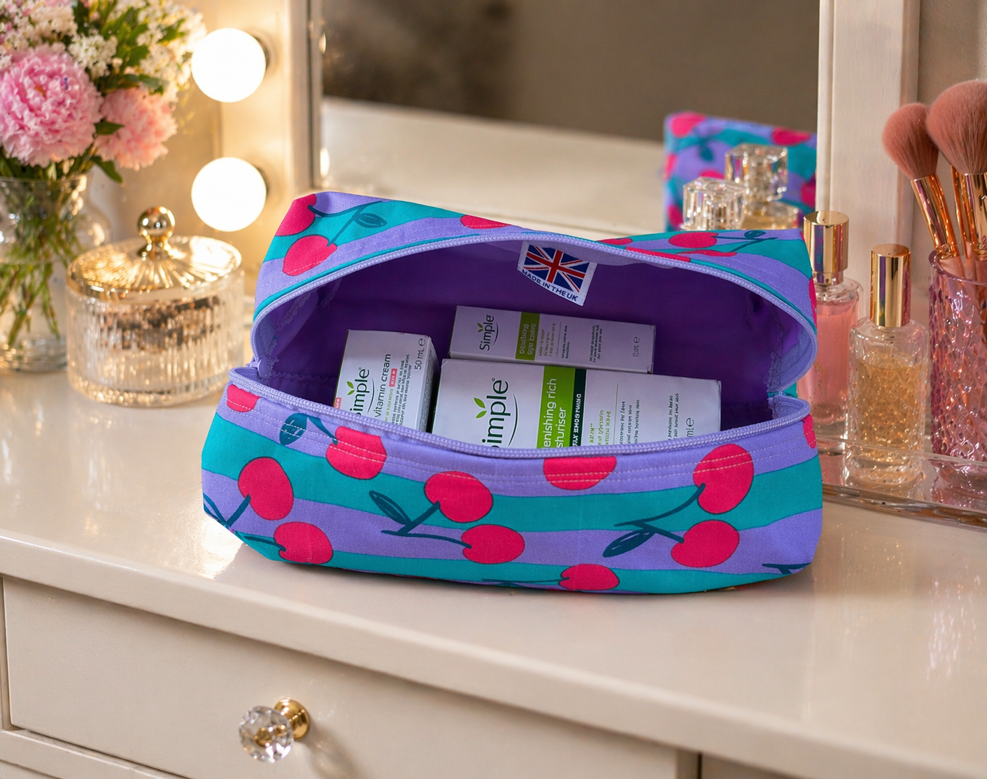 Handmade Turquoise Cherry Boxy   Wash Bag     