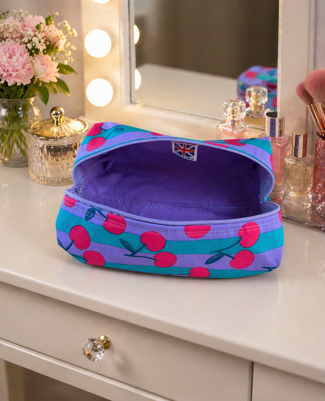 Handmade Turquoise Cherry Boxy   Wash Bag     