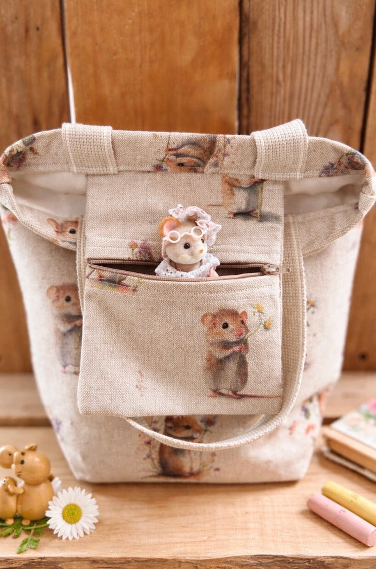 Handmade Beige Cute Mice Cotton Tote bag -Beige straps