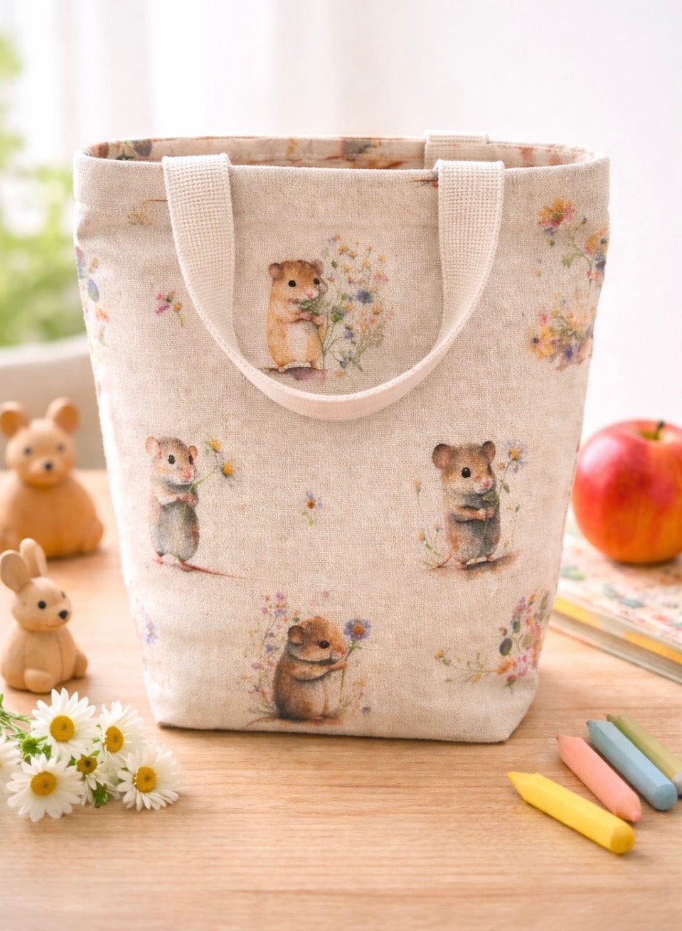 Handmade Beige Cute Mice Cotton Tote bag -Beige straps