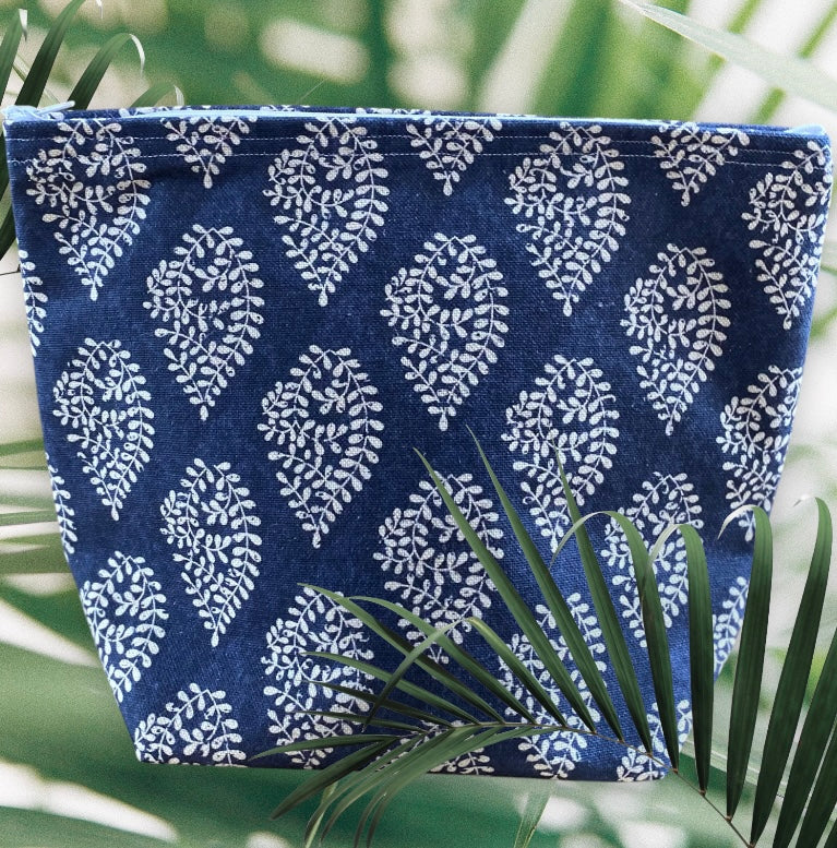 Handmade Fabric Washbag | Indigo Bagru Navy & White leaf Design | Free UK Shipping