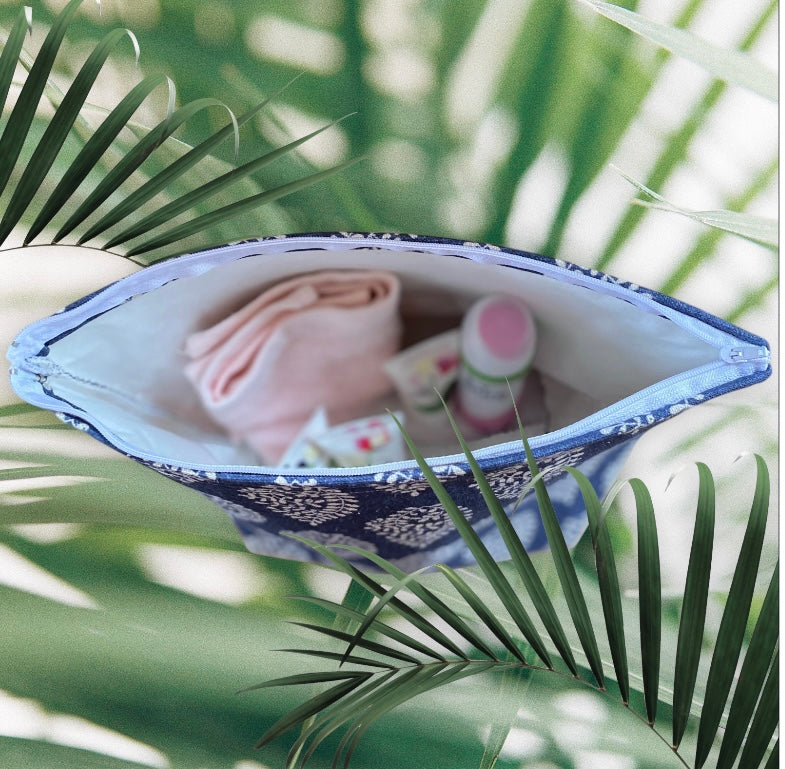 Handmade Fabric Washbag | Indigo Bagru Navy & White leaf Design | Free UK Shipping