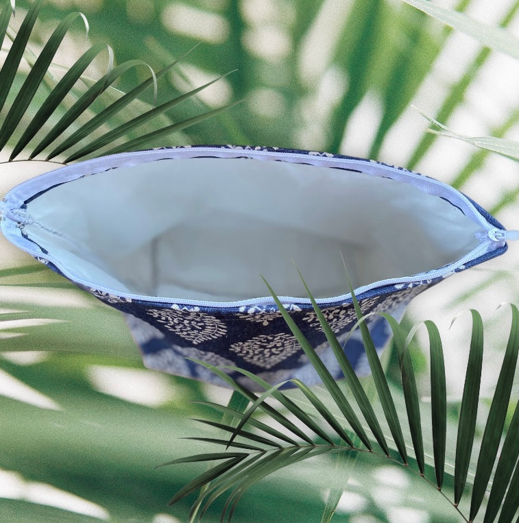 Handmade Fabric Washbag | Indigo Bagru Navy & White leaf Design | Free UK Shipping