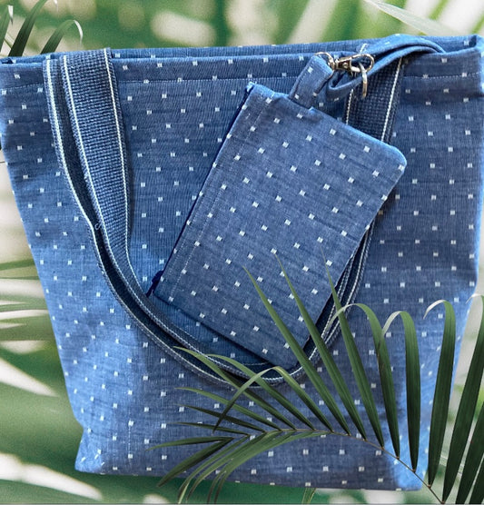 Blue and White spot organic  Handmade Tote Bag  | Free UK Shipping