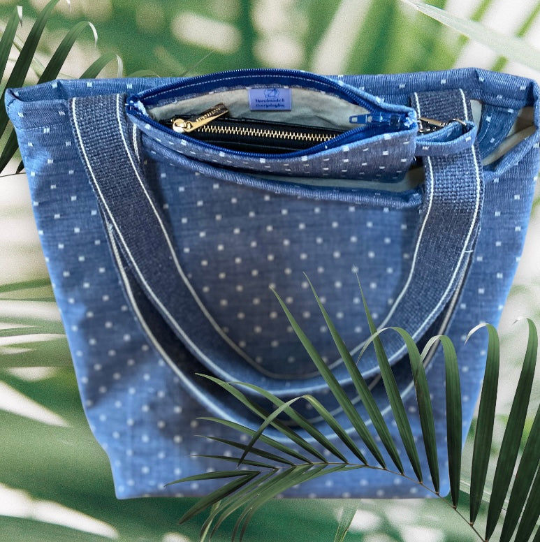 Blue and White spot organic  Handmade Tote Bag  | Free UK Shipping