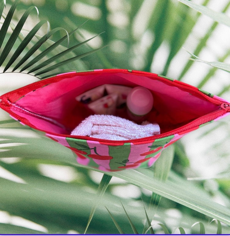 Funky Pink cotton Cherry handmade fabric washbag
