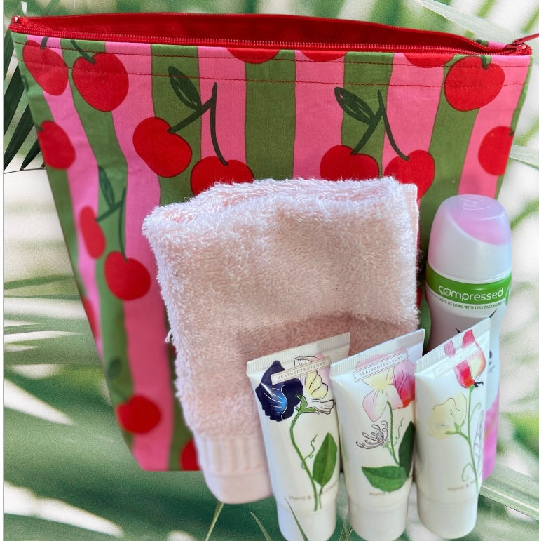 Funky Pink cotton Cherry handmade fabric washbag