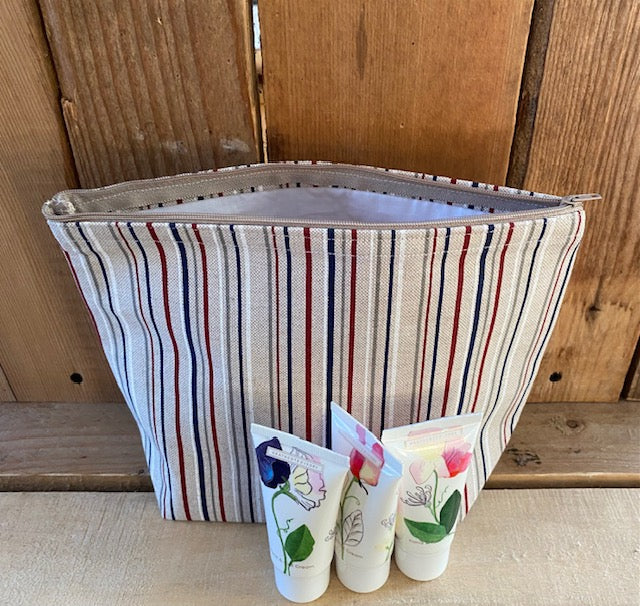 Handmade Fabric Washbag | Natural Fine Stripes White &amp; Blue Design | Free UK Shipping